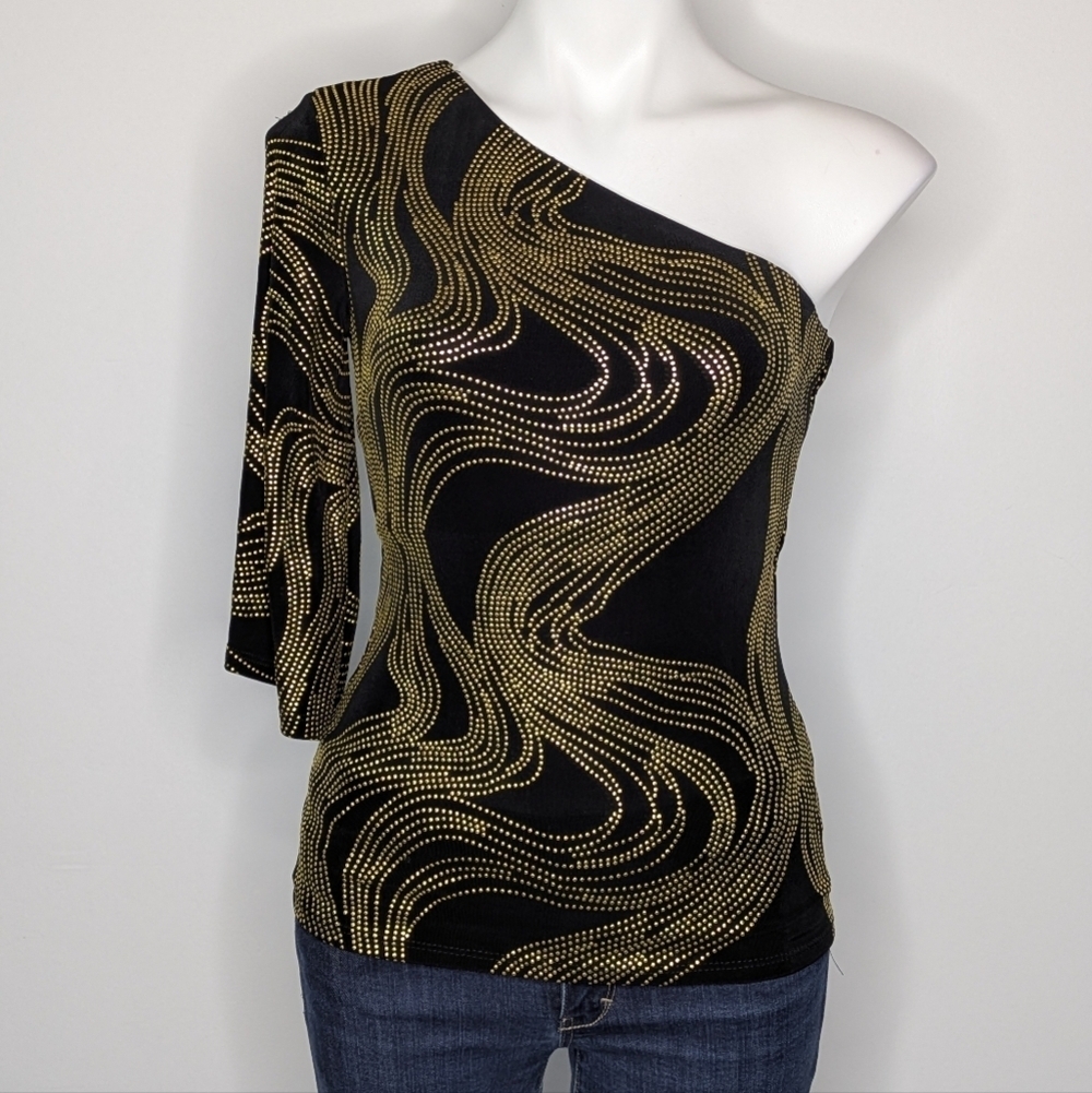 Vintage Cache Black Gold Abstract Swirl Wave Slit One Shoulder Top S
